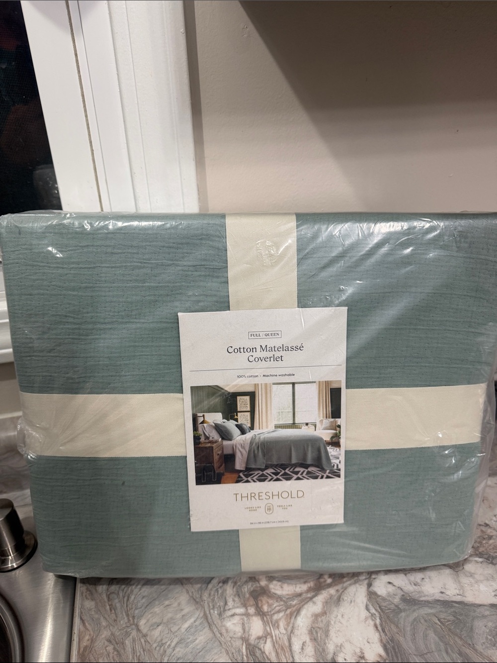 Threshold Cotton Matelassé Coverlet — Sage Blue Green